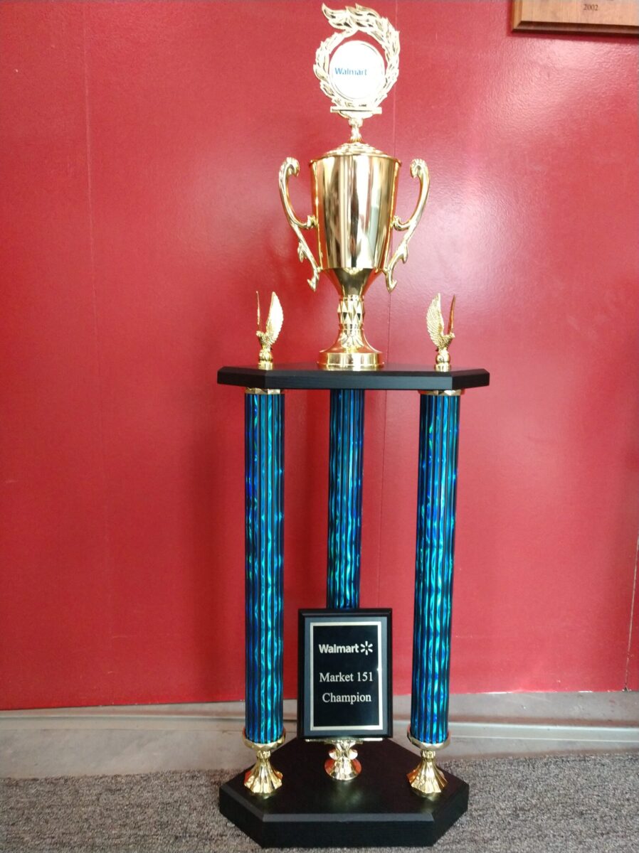 Custom blue and gold trophy for Walmart market champion