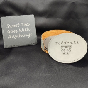 Custom coasters, bottle, and plaque